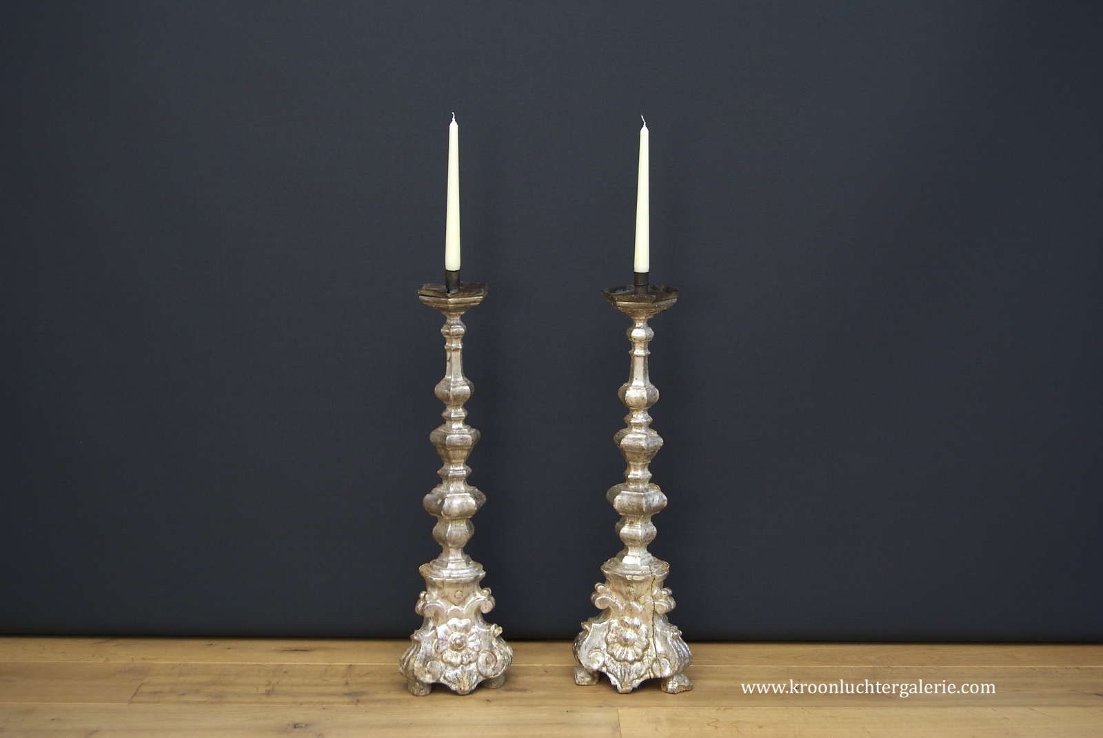 A pair of 18th century Italian silver leaf pricket sticks/ candlesticks