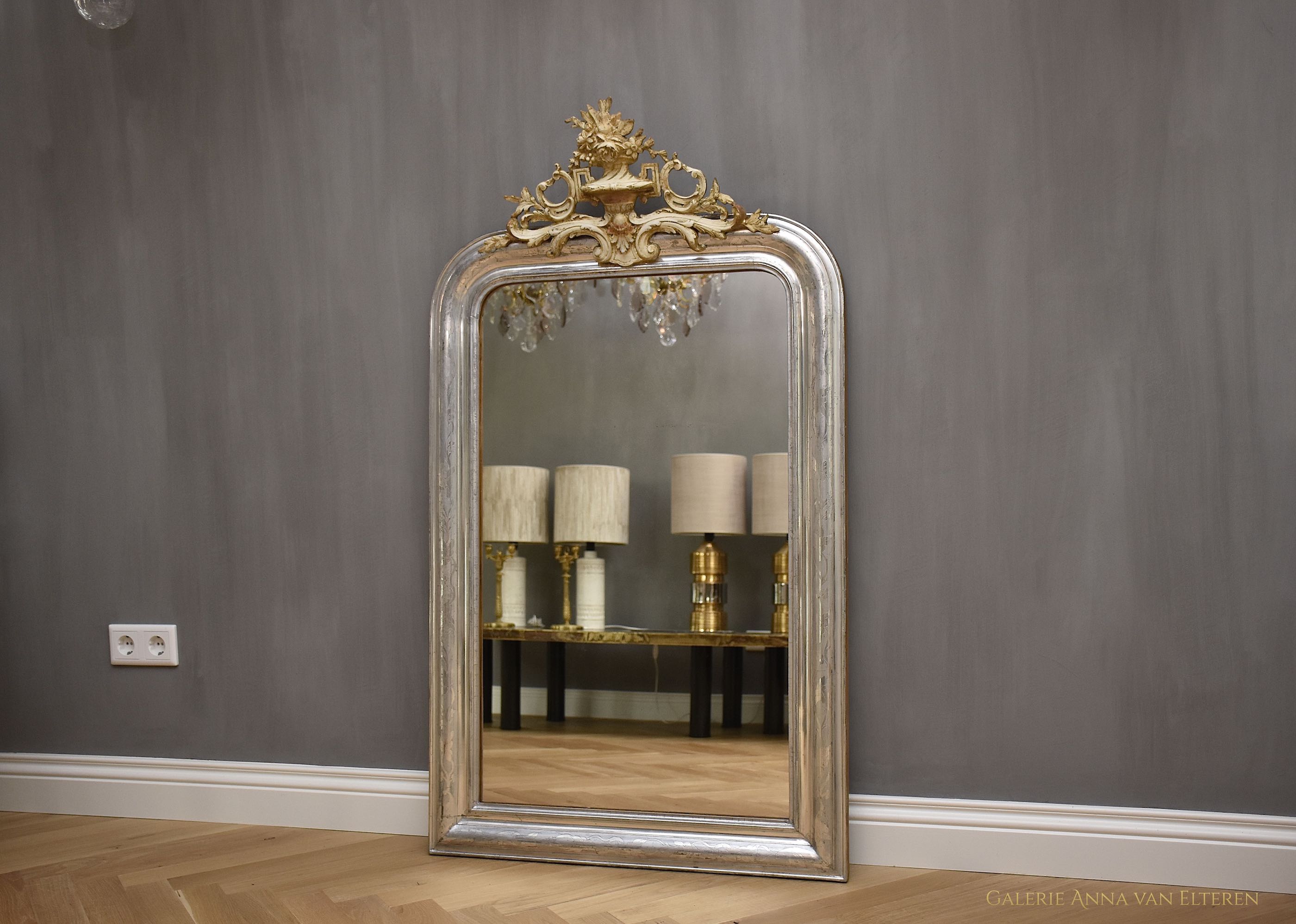19th century silver leaf French mirror Louis Philippe with a crown