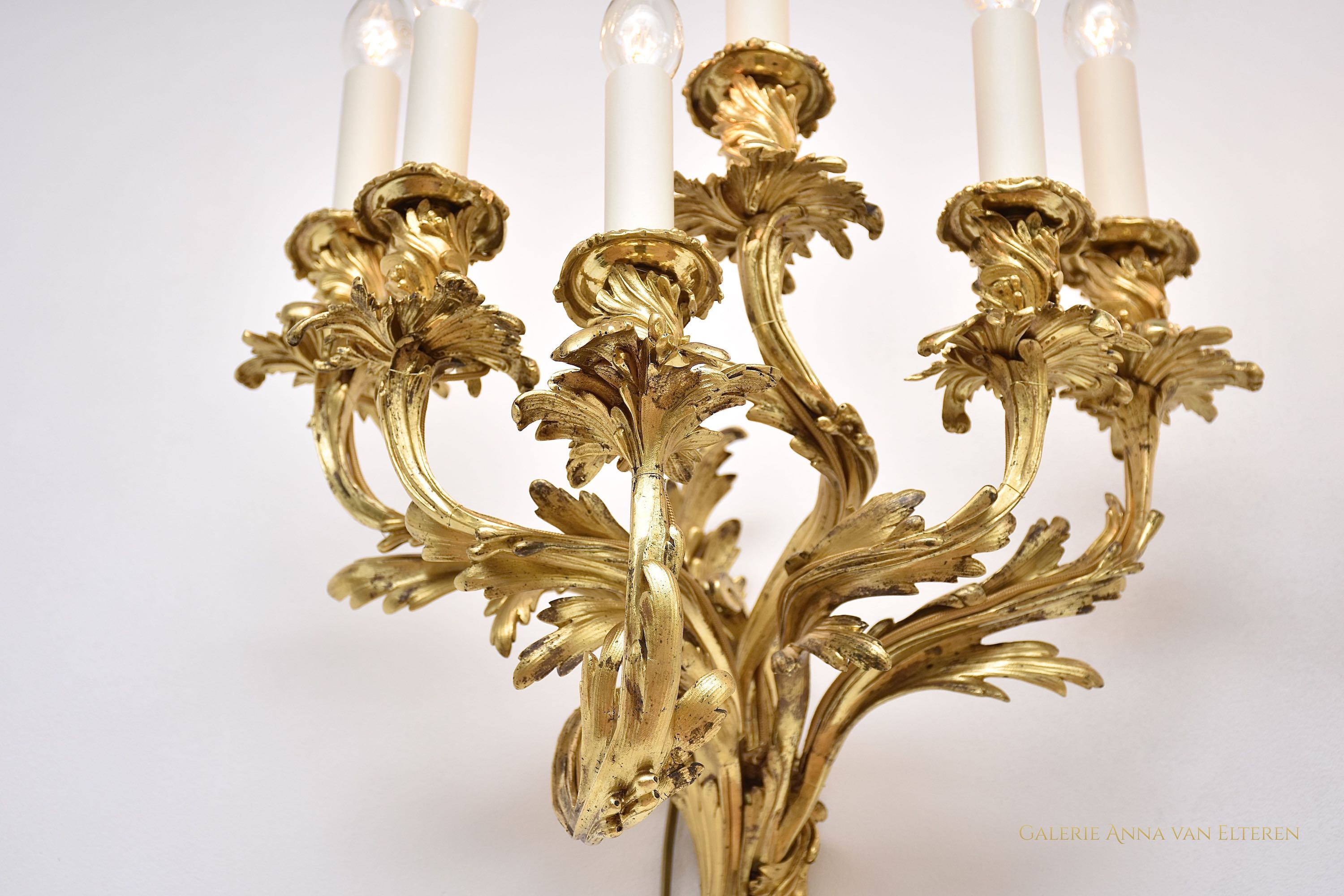 19th c. pair chased & gilt bronze French wall appliques in style of Louis XV