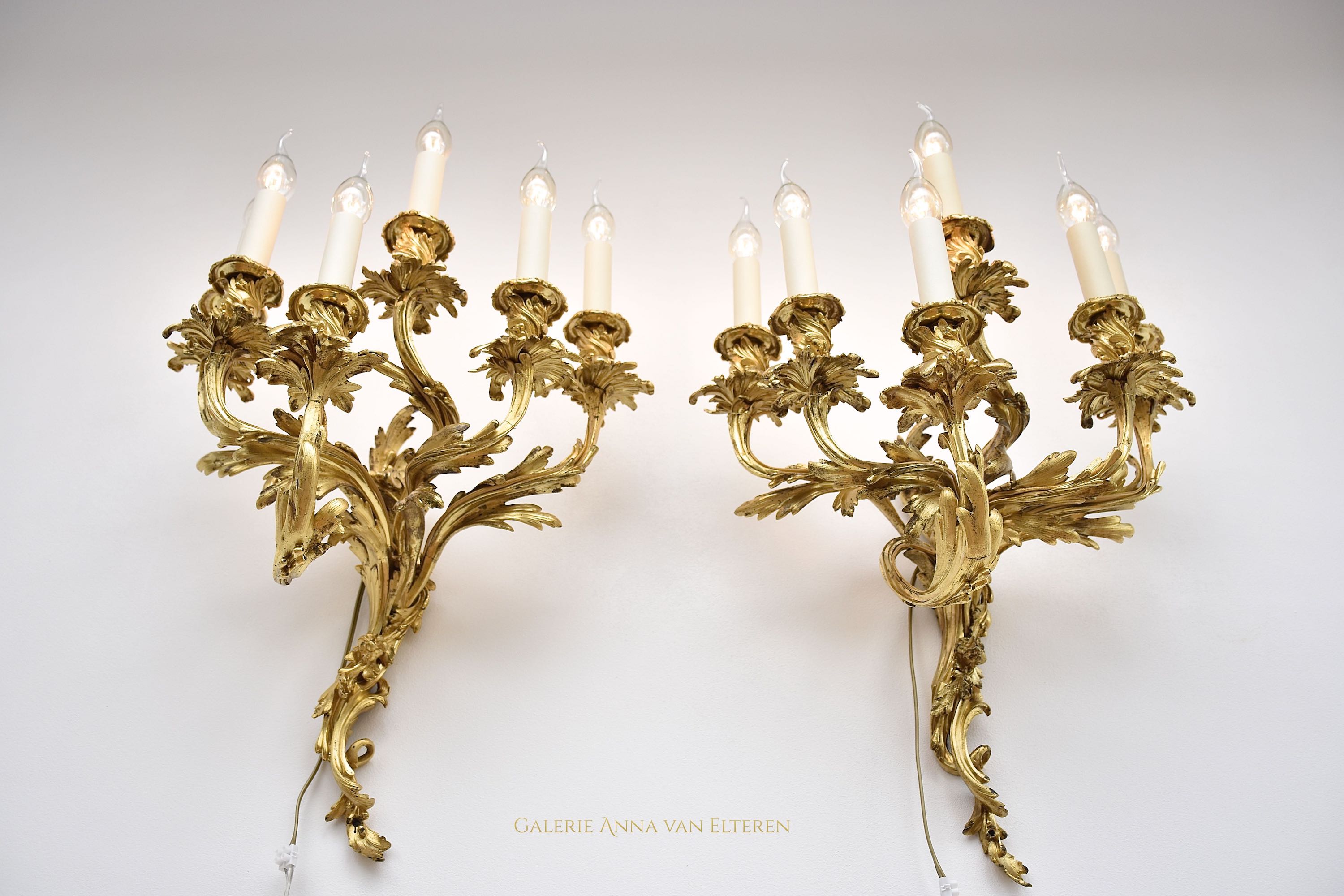 19th c. pair chased & gilt bronze French wall appliques in style of Louis XV