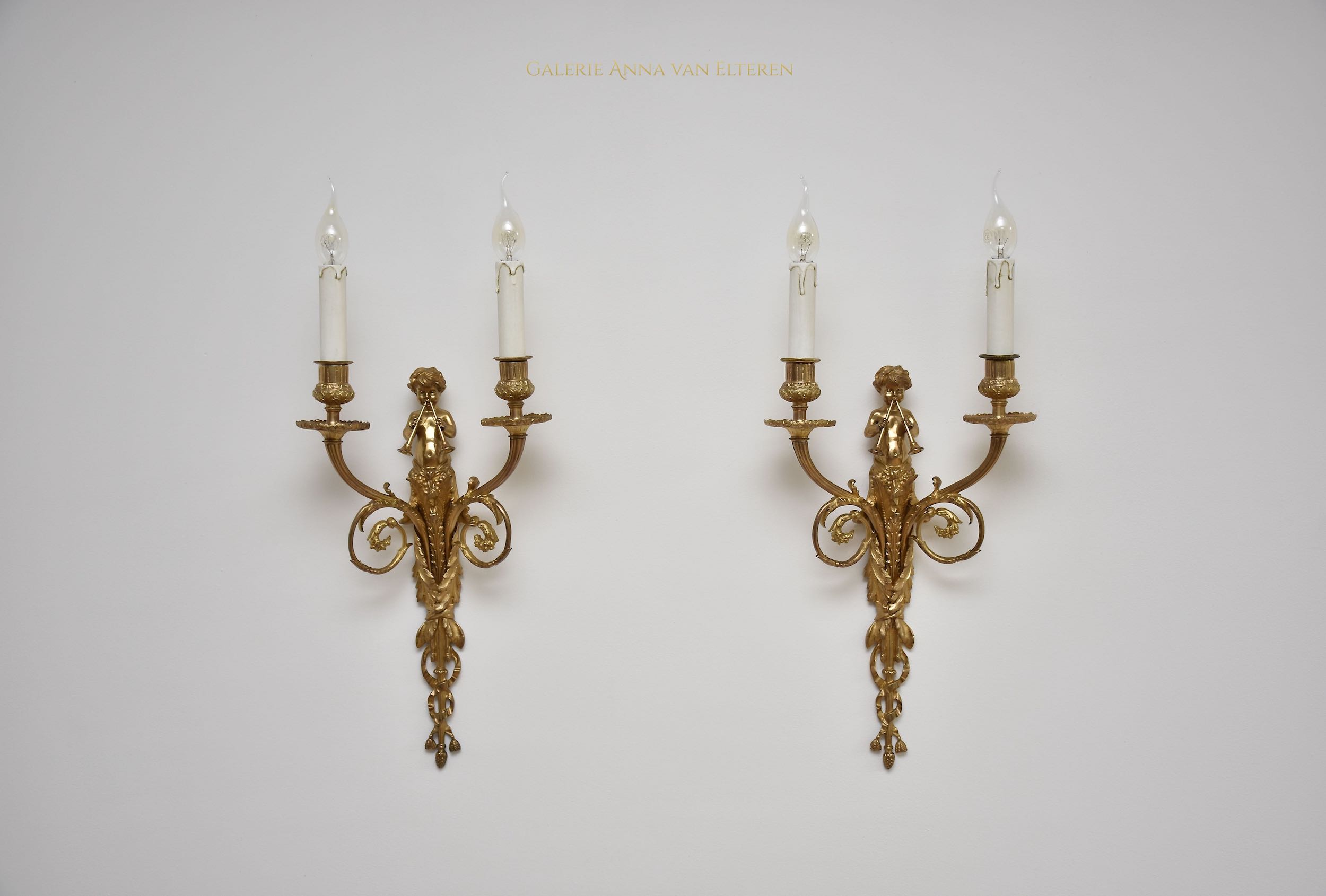 19th c. pair gilt bronze French wall lights in the style of Louis XVI