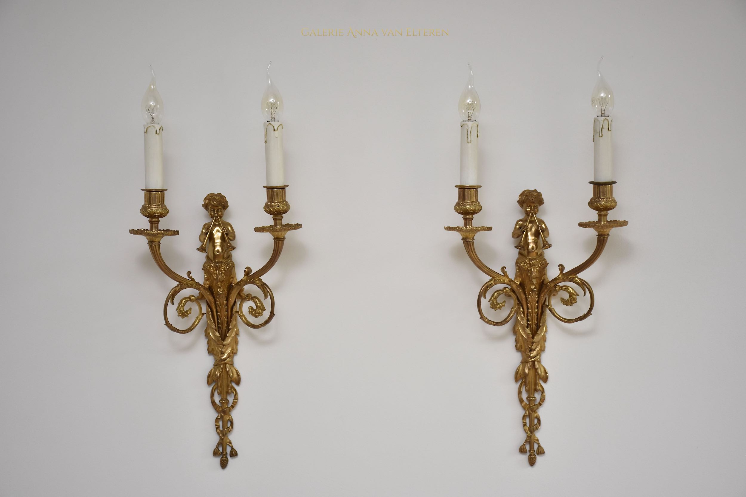 19th c. pair gilt bronze French wall lights in the style of Louis XVI