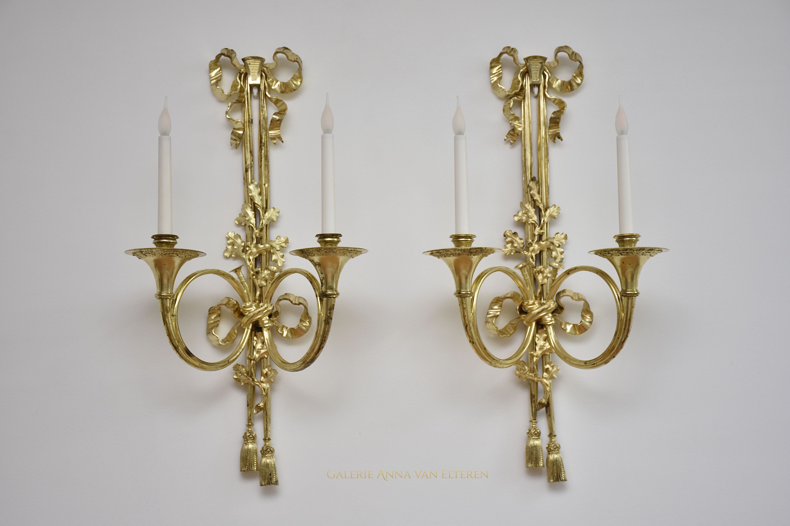 19th c. large pair of gilt bronze wall lights in the style of Louis XVI
