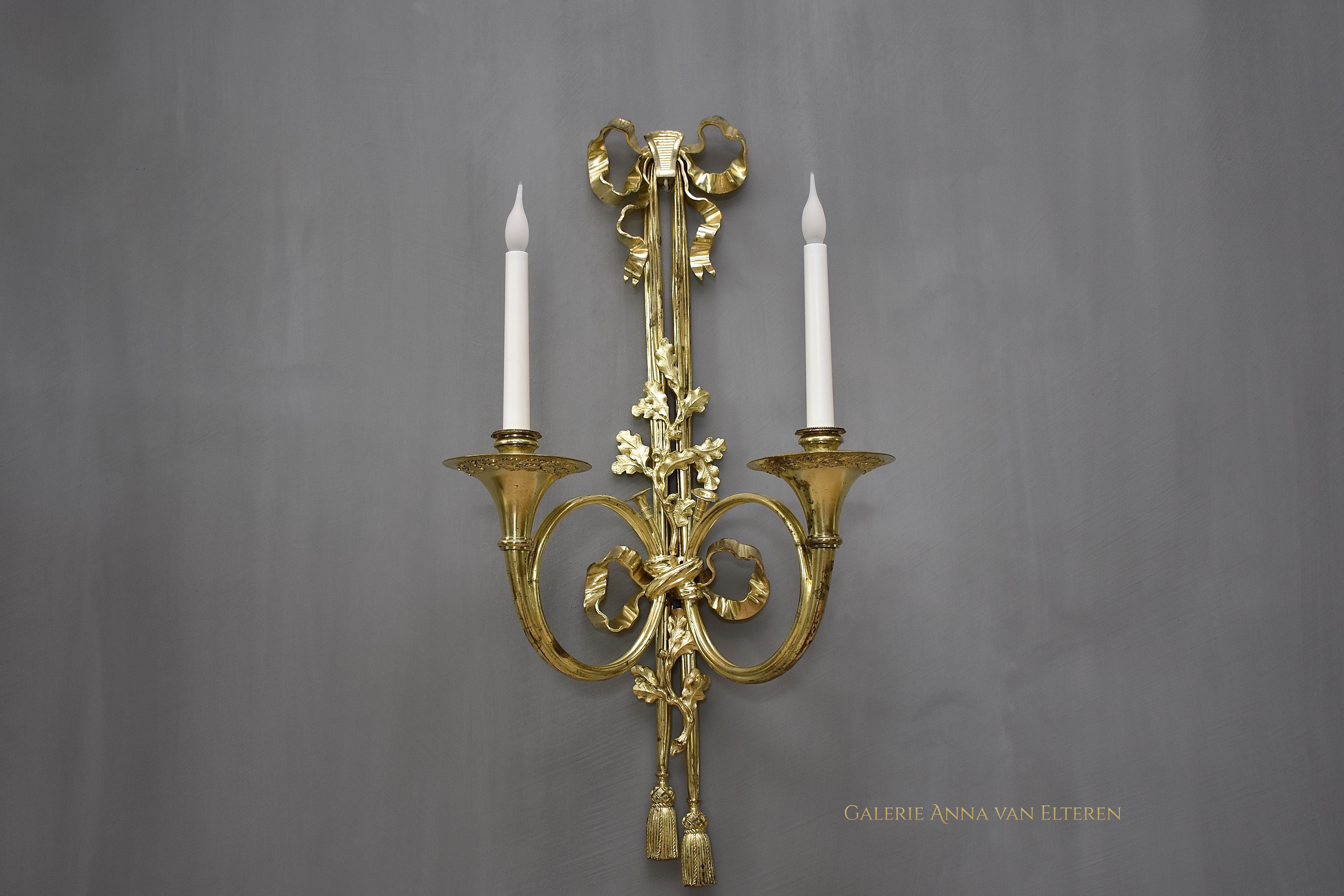 19th c. large pair of gilt bronze wall lights in the style of Louis XVI