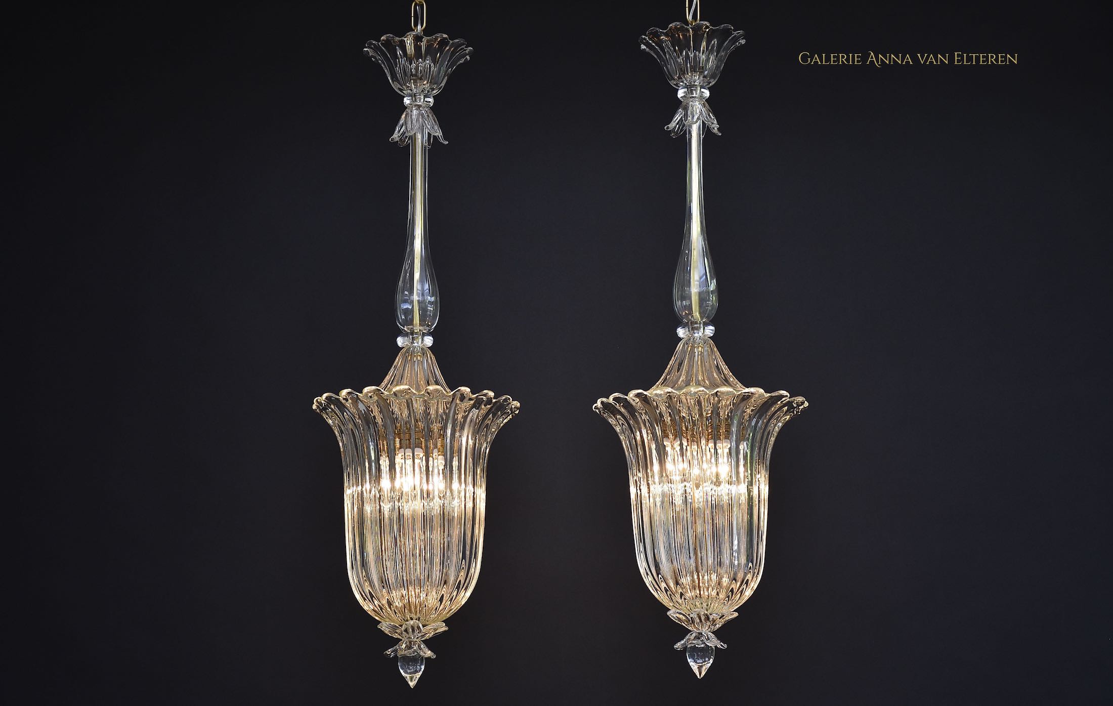 A pair of Seguso Murano glass and brass lantern/ pendants