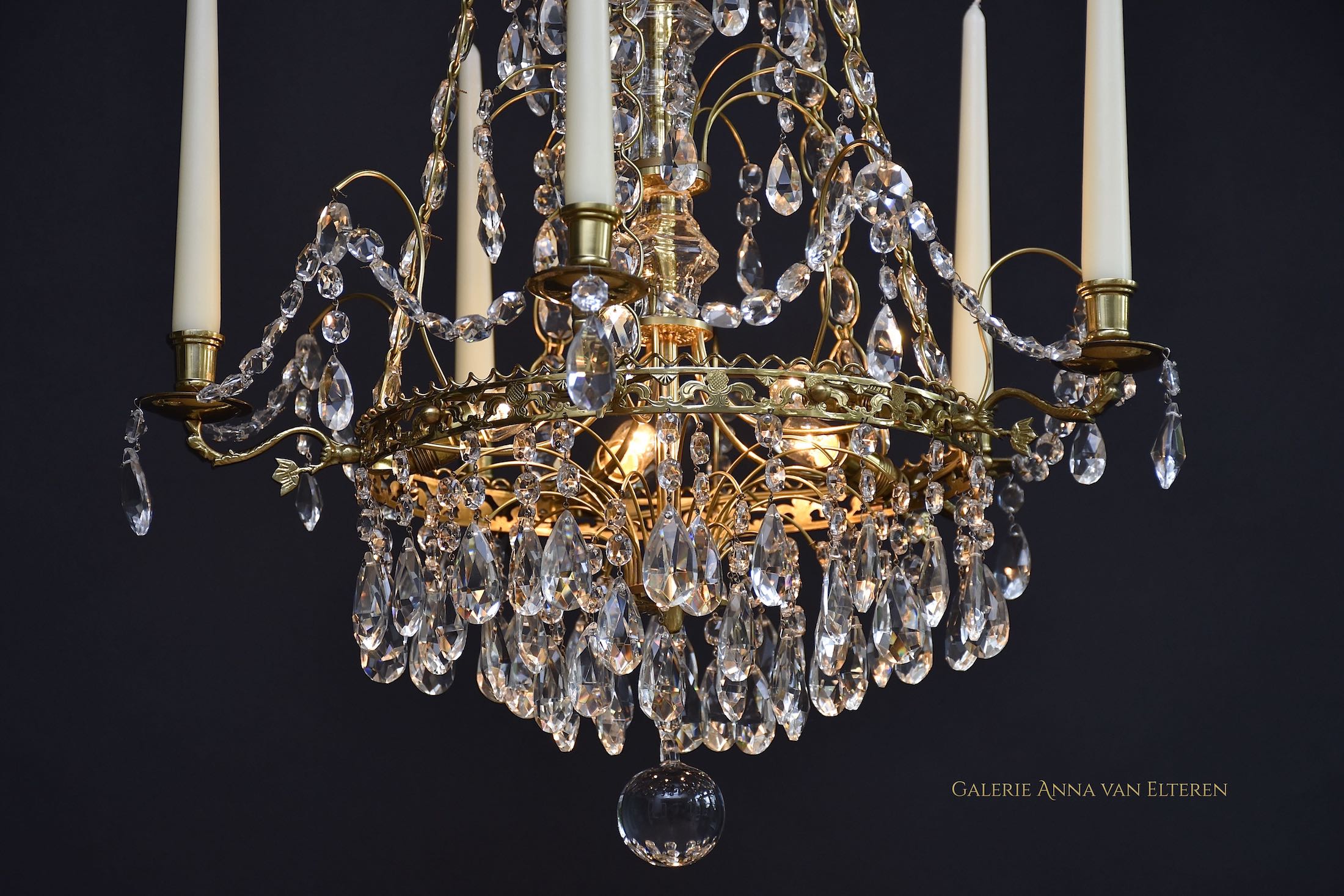 Gustavian style brass & crystal chandelier