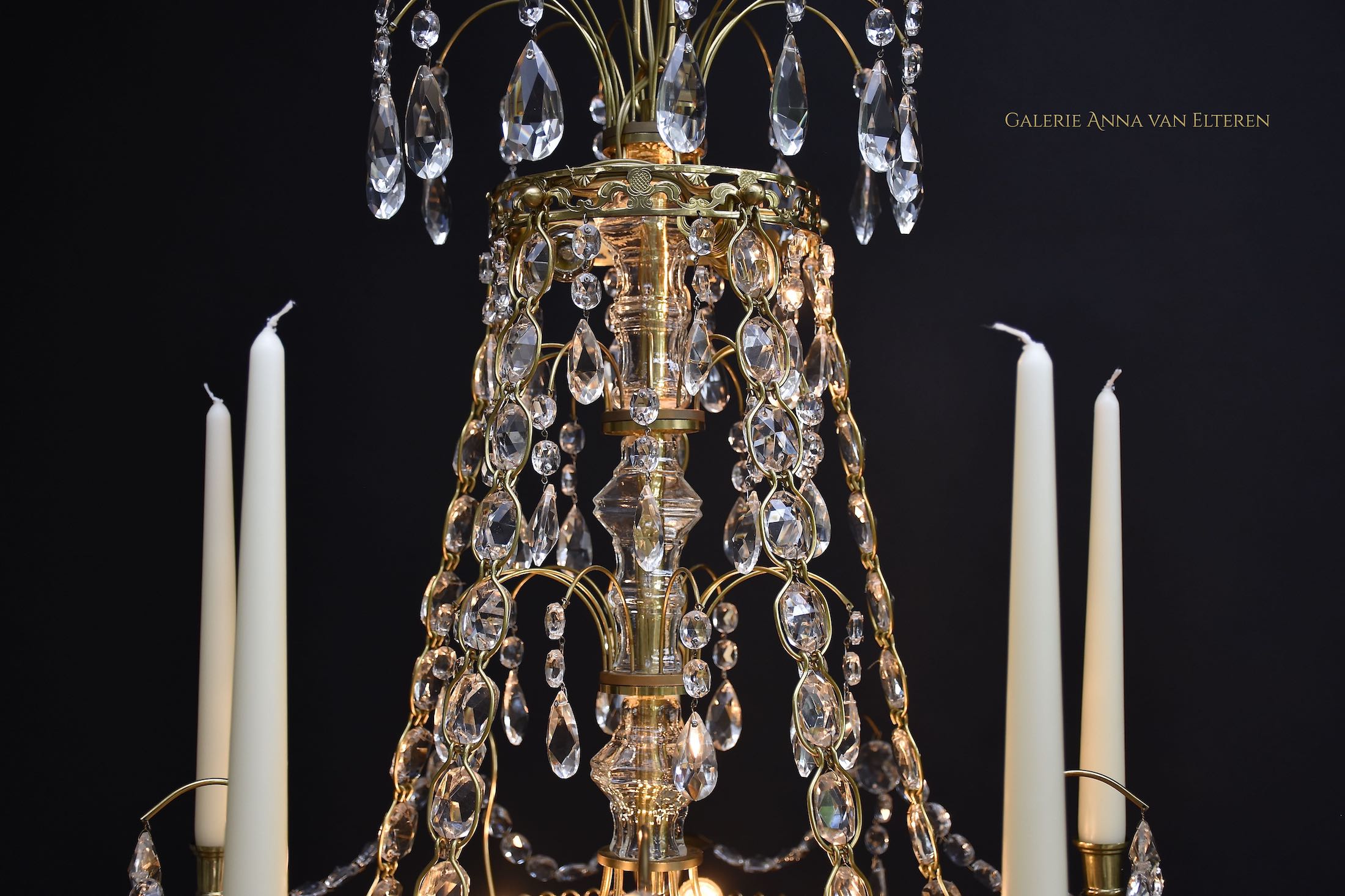 Gustavian style brass & crystal chandelier